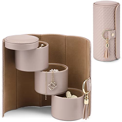 VLANDO Travel Jewelry Organizer, 3 Tier Roll Up Design, Hard Shell Storage | Stepped Sections Compartments Keep Jewelry Visible, Soft Lining Protect Pieces, Snap Closure, Travel Gift for Women Girl - color: Grey&Khaki