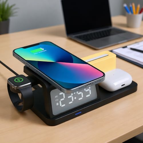 IHAO 6in1Digital Alarm Clock with Wireless Charging Station Night Light 15W Fast Charging for Qi Phone Headphone Bracket for iWatch Charger LED Display Dimmable Brightness-HT309 Black - color: Wireless Charger Alarm Clock Ht309 Black