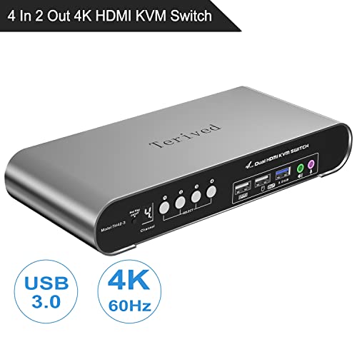 4 Computers 2 Monitors USB 3.0 HDMI KVM Switch 4K@60Hz with Hotkey Switching, Automatic Switching 4 Port Dual Monitor, Aluminum, Digital Display, USB 3.0 Audio/Mic, EDID, HDR10 with Cables - style: 4 Computers 2 HDMI Monitors