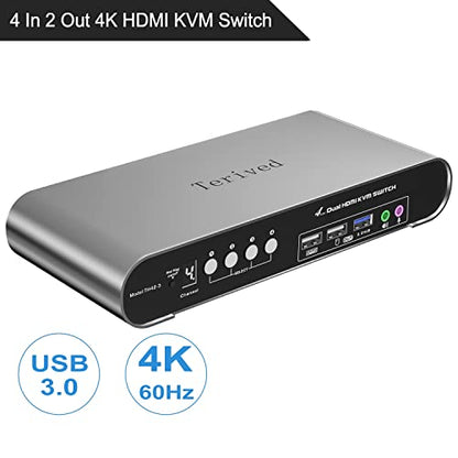 4 Computers 2 Monitors USB 3.0 HDMI KVM Switch 4K@60Hz with Hotkey Switching, Automatic Switching 4 Port Dual Monitor, Aluminum, Digital Display, USB 3.0 Audio/Mic, EDID, HDR10 with Cables - style: 4 Computers 2 HDMI Monitors