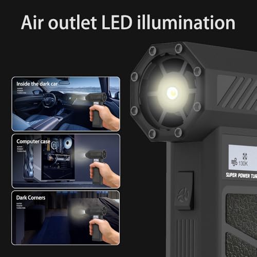 Compressed Air Duster - 130,000RPM Super Power Electric Air Duster with 3 Speed Settings & LED Light - Portable Computer Air Duster for Computer, Keyboard, House, Outdoor and Car