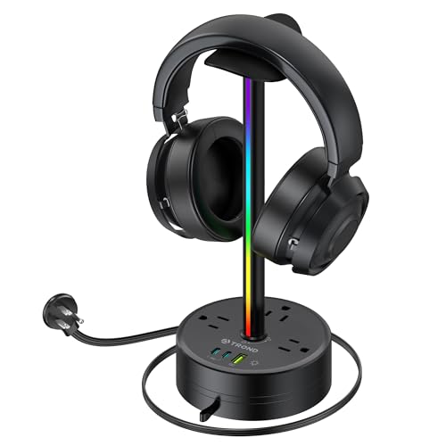 TROND Headphone Stand with PD 20W USB C Charger, RGB Gaming Headset Holder | 3 AC Outlets Extension, 5ft Retractable Power Strip Suitable for Gamer Desktop Table Game Earphone Accessories Gift