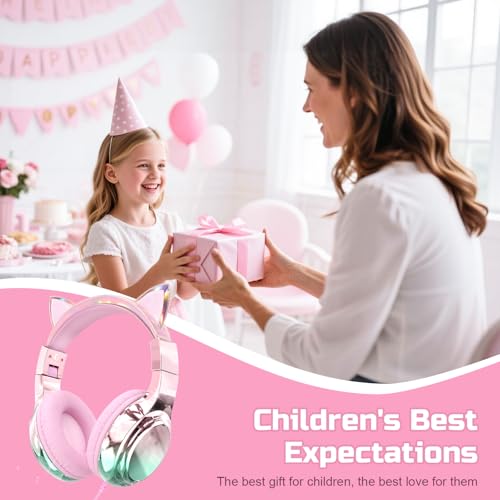 QearFun Kids Cat Ear Headphones with Cord with Mic, 85/94dB Volume Limit - color: Cat Pink