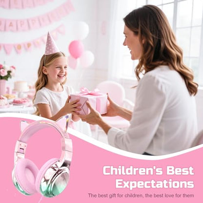 QearFun Kids Cat Ear Headphones with Cord with Mic, 85/94dB Volume Limit - color: Cat Pink