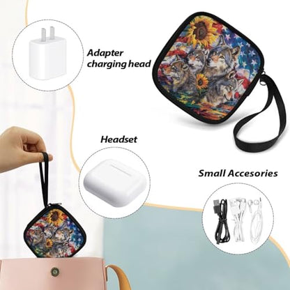 Universal Lightweight Portable Earphone Storage Bag Earbud Carrying Case Rectangle Small Hard Case for Wired Bluetooth Headset Charger - American Flag Wolf - color: American Flag Wolf Sunflower