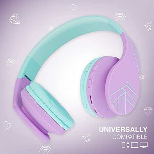 PowerLocus Bluetooth Headphones for Kids, Wireless Foldable Headphones Over Ear, Headphone with Microphone, 85DB Volume Limit, Wireless and Wired Headset with Micro SD, FM for Cellphones, Tablets, PC - color: Teal/Purple