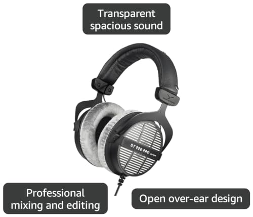 beyerdynamic DT 990 PRO, 250 Ohm, Open Back, Over Ear, Wired Headphones, 3m Coiled Cable, Black with Grey Velour Ear Pads | 3m coiled cable, wired over-ear design - color: Gray, size: 250 OHM