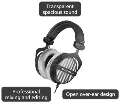 beyerdynamic DT 990 PRO, 250 Ohm, Open Back, Over Ear, Wired Headphones, 3m Coiled Cable, Black with Grey Velour Ear Pads | 3m coiled cable, wired over-ear design - color: Gray, size: 250 OHM