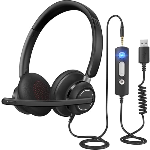 Wired Headphones with Microphone for PC, On-Ear Computer Laptop | USB Headset with Noise Cancelling Microphone in-line Control for Home Office Online Class Skype Zoom, (3.5mm + USB)