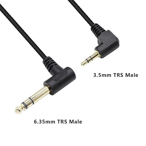 90 Degree 1/8 to 1/4 Stereo Audio Cable, Right Angle 3.5mm TRS Male to 6.35mm TRS Male Aux Cord for Guitar, Keyboard Piano, Laptop, Speaker and Amplifiers (70in), 5.9FT