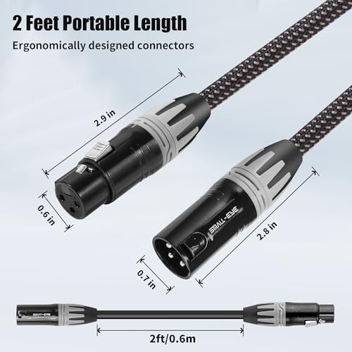 SMALL-EYE XLR Mic Cable 2 ft 6-Pack, Braided 3-Pin Male to Female | Balanced Audio, Dual Shielded, Flexible Braided Jacket, Studio and Live Sound - size: 2 Feet