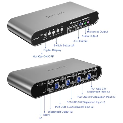 4 Computers 2 DP Monitors Automatic KVM Switch, 8K@30Hz 4K@144Hz 4 Port DP USB 3.0 Dual Monitor, Aluminum hotkey Audio Microphone, Digital Display, HDR10 with Cables - style: 4 Computers 2 DP Monitors 4K144