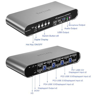 4 Computers 2 DP Monitors Automatic KVM Switch, 8K@30Hz 4K@144Hz 4 Port DP USB 3.0 Dual Monitor, Aluminum hotkey Audio Microphone, Digital Display, HDR10 with Cables - style: 4 Computers 2 DP Monitors 4K144