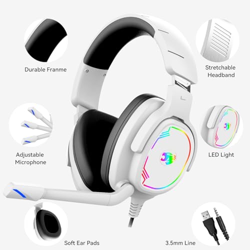 Jimonyer Gaming Headset with Microphone, 7.1 Surround Sound and Noise Canceling Over Ear Headphones for PC, PS4, PS5,Xbox Series,Switch, RGB Light and Soft Imitation Protein Earmuffs (White) - color: White