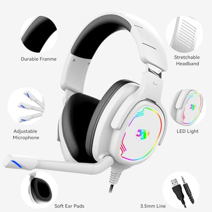 Jimonyer Gaming Headset with Microphone, 7.1 Surround Sound and Noise Canceling Over Ear Headphones for PC, PS4, PS5,Xbox Series,Switch, RGB Light and Soft Imitation Protein Earmuffs (White) - color: White