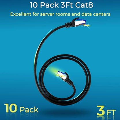 Rapink Patch Cables Cat8 3ft 10 Pack Slim, Cat8 Ethernet Patch Cable 40G Support, Snagless Cat 8 Patch Cable for Patch Panel to Switch, Flexiable Cat 8 Ethernet Cable Datacenter with Gold Plated - size: 3ft, style: 10 Pack
