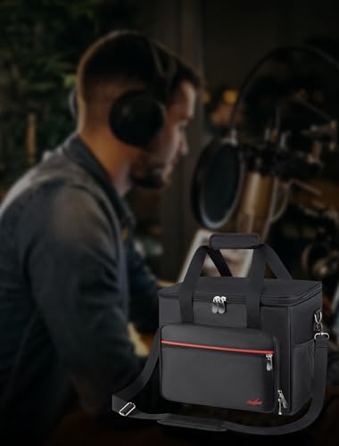 Microphone Case for 8 Mics, Travel Microphone Bag with Foam for Wired and Wireless Microphones, Microphone Carrying Case with Adjustable Strap for SM58s Vocal Mics, Mic Clips, XLR Cables and Charger