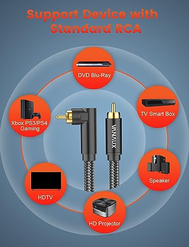 VANAUX Subwoofer Cable 90 Degree RCA to RCA Audio Stereo Cable Male to Male 24K Gold Plated Connector Nylon Braided Double Shielded Clean Sounding Signal Black/5ft/1.5m - color: 90°Design RCA, size: 5ft/1.5m