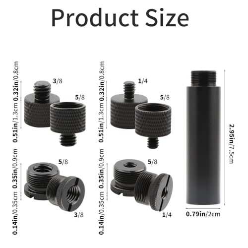 13-Pack Microphone Stand Adapter Set with Extension Tube, 3/8 to 5/8 and 1/4 Threaded Screw Mount, Black Aluminum Alloy for Mic Boom Arm, Tripod, Projector Stand and Lighting Equipment