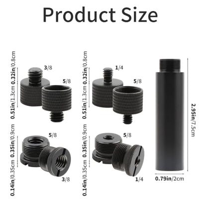 13-Pack Microphone Stand Adapter Set with Extension Tube, 3/8 to 5/8 and 1/4 Threaded Screw Mount, Black Aluminum Alloy for Mic Boom Arm, Tripod, Projector Stand and Lighting Equipment