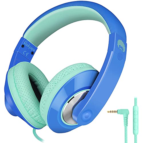 rockpapa Comfort+ Kids Headphones with Microphone and Volume Control, Boys Girls Student Over-Ear Headphones Wired for School Classroom Laptop PC Computer Tablet Sky Blue Teal - color: Blue/Teal