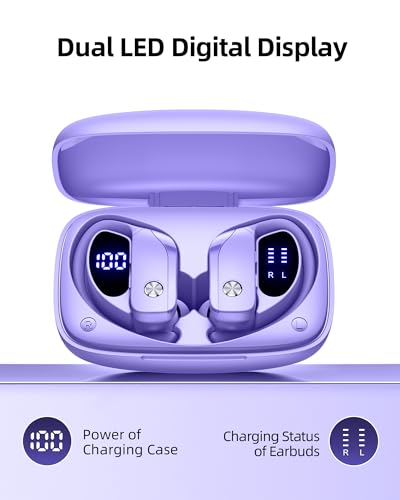Wireless Earbuds Bluetooth Headphones Over Ear Hooks Ear Buds with 80H Playtime, LED Power Display, Dual Mic Clear Calls, Sports Wireless Ear Buds Bluetooth Earbuds for Running Gym Workout (Purple) - color: Purple