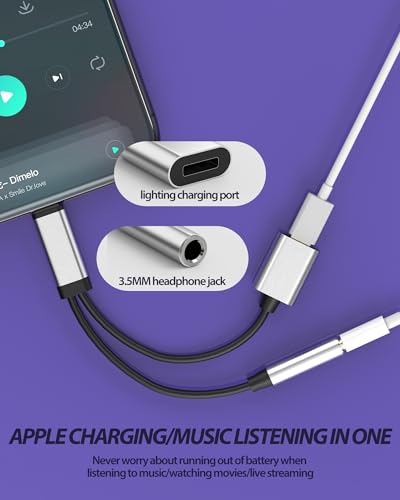 for Iphone Aux Adapter for 14 13 Pro Max Lightning to 3.5mm Headphone Jack for Apple Audio Charger (2in1) Dual Adaptador Adaptor Earphone Charging Auxiliary Splitter Power Accessories Tablet Converter