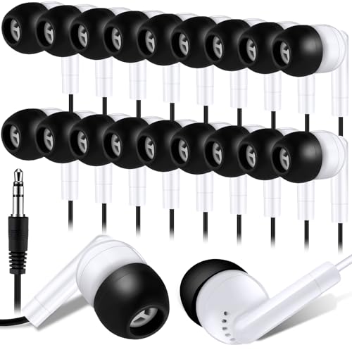 Kanayu 100 Pack Wired Earbuds Bulk for Classroom, 3.5MM No Mic,Black White | Student Headphones for School Library Laptop, Individually Bagged Earphones with Jack for Training and Group Learning - color: Black White