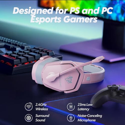 NUBWO G06 Dual Wireless Gaming Headset with Mic for PS5, PS4, PC, Mobile, Switch: 2.4GHz Wireless + Bluetooth - 100 Hr Battery - 50mm Drivers - Pink - color: Pink