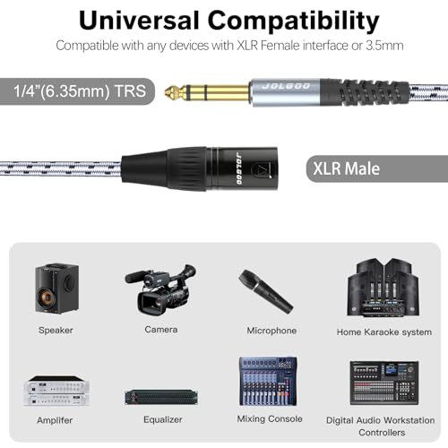 JOLGOO 1/4 Inch TRS to XLR Male Adapter Cable, Balanced 6.35mm TRS Plug to 3-pin XLR Male, Quarter inch TRS Male to XLR Male Microphone Cable, 1 Feet - size: 1 Feet, style: 1/4 TRS Male to XLR Male