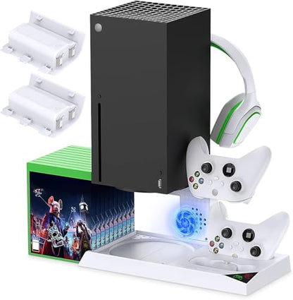 YUANHOT Vertical Xbox Series X Cooling Stand, Fan & 2-Battery Charger Dock | Includes 2*1400mAh rechargeable batteries, headset & disc storage,vertical fan cooling for Xbox Series X console & controller - color: White