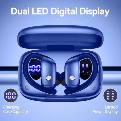 bmani Ear Buds Wireless Earbuds Bluetooth Headphones with 80H Playtime LED Display Case, Over-Ear Hook with Mic, Stereo Sound, Easy Button Controls, Sports Earphones for Running Workout Gym Blue - color: Blue, style: Standard