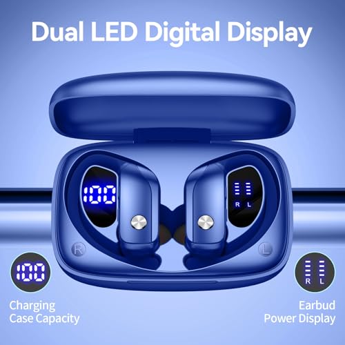 bmani Ear Buds Wireless Earbuds Bluetooth Headphones with 80H Playtime LED Display Case, Over-Ear Hook with Mic, Stereo Sound, Easy Button Controls, Sports Earphones for Running Workout Gym Blue - color: Blue, style: Standard
