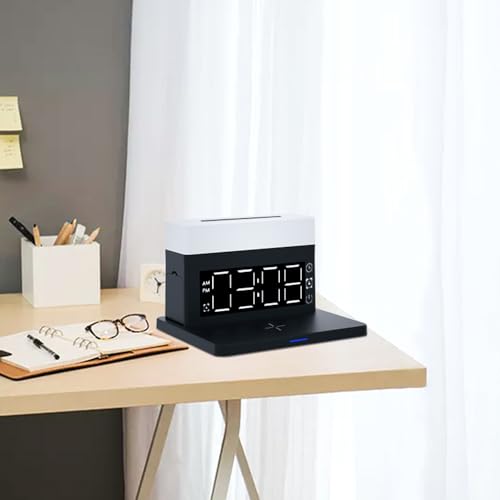 IHAO 6in1 Smart Alarm Clock with Wireless Charger RGB Mood Light 15W Fast Wireless Charging for All Qi Phone TWS Headphone Compliant with i-Watch 7 Color Night Light Large Digital Display-Black - color: Multifunctional Alarm Clock Black