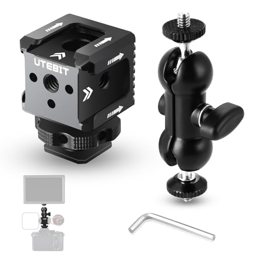 UTEBIT 3 Port Cold Shoe Mount with 1/4"-20 Thread, Black | Cold Shoe Extension Bracket with 3.8" Magic Arm Dual 1/4 Screw Head Adapter for Camera Cage Flash LED Monitor Microphone