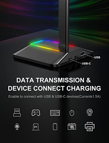 New Bee Headphone Stand with RGB Lighting, Sturdy Aluminum Gaming Headset Holder with USB-C & USB Charging Ports, Stable Desktop Earphone Stand for All Headphones Size, Black | USB-C & USB Charging Ports, Stable Desktop Earphone Stand for All Headphones S