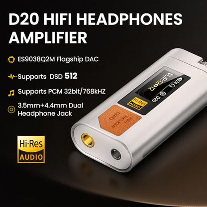HIFI WALKER D20 DAC512 Portable Headphone Amp/DAC – USB Hi-Res Audio Dongle with 4.4mm Balanced & 3.5mm Output, ES9038Q2M + CT7601PR, Support PCM 768kHz/DSD512, CNC Aluminum, OLED Display