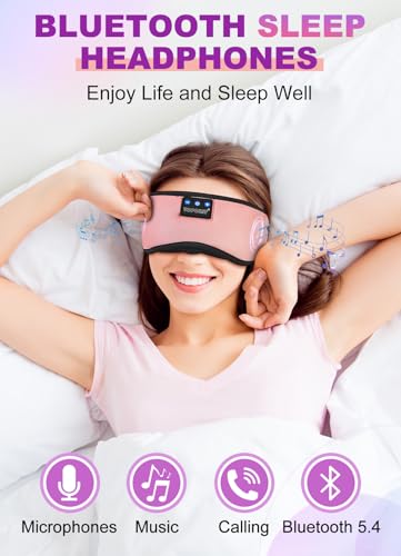 TOPOINT Sleep Mask Headphones Bluetooth 5.2 Wireless, Blackout Eye Mask for Women Men Sleeping Travel Meditation Gifts Cool Gadgets with Speakers Music,Microphone, Noise Canceling Ear Plugs, USB C - color: Pink, style: Ample Velvet