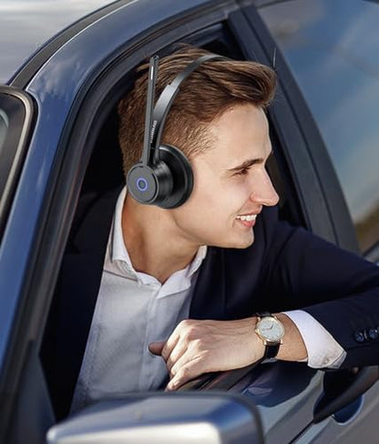 Bluetooth Headset with AI Noise Cancelling Microphone, V5.3 Wireless Headphones with USB Dongle, Charging Station, Microphone Mute Switch, Wireless Headsets for Work