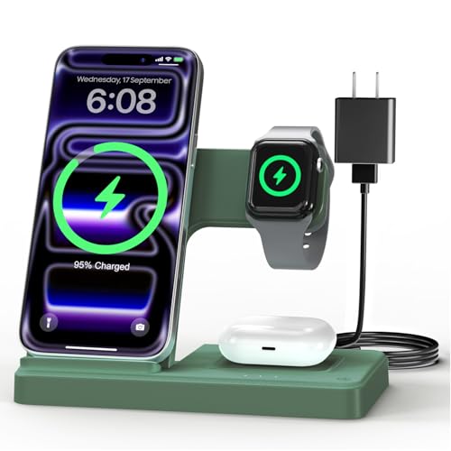GETPALS Wireless Charger iPhone Charging Station for Apple Multiple Devices | 3 in 1 Charger Stand for iPhone 17 Pro Max 17e 16 16e 15 14 13 12 & Watch Series 11-2 SE Ultra & Airpods 4 3 Pro, Dark Green - color: Dark Green