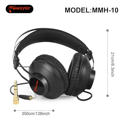 Miwayer 스튜디오 모니터 헤드폰 3M 케이블 프로페셔널 유선 오버 이어 헤드폰, 탈착식 케이블 3.5mm 또는 6.35mm 잭 포함, 스튜디오, 음악, DJ, 앰프, 팟캐스트, 믹서, 노트북, PC용