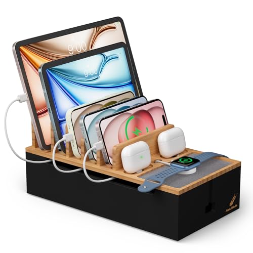 Pezin & Hulin Cord Organizer Box with 6 Wire Cables-Natural + Black | Surge Protector Organizer, Device Charger Station for Phones & Tablets, Wood Charging Dock , No Power Supply - color: Natural + Black (No Charger)