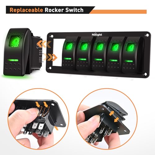 Nilight 6 Gang Rocker Switch Panel SPST On Off Toggle with DIY Label Sticker | 5PIN Electrical 12V/20A 24V/10A Aluminum Plate with Pre-Wired Jumper Wires for LED Light Bar RV Boats 4X4 Cars Green - color: Green, size: 6 Gang
