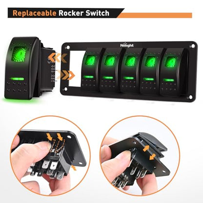 Nilight 6 Gang Rocker Switch Panel SPST On Off Toggle with DIY Label Sticker | 5PIN Electrical 12V/20A 24V/10A Aluminum Plate with Pre-Wired Jumper Wires for LED Light Bar RV Boats 4X4 Cars Green - color: Green, size: 6 Gang