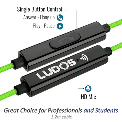 LUDOS Clamor Wired Earbuds in-Ear Headphones, 5 Years Warranty, Earphones with Microphone, Noise Isolating Ear Buds, Memory Foam for iPhone, Samsung, School Students, Kids, Women, Small Ears - Green - color: Green, style: 3.5 mm
