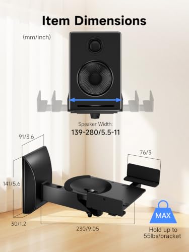 suptek Speaker Wall Mount Adjustable for Large Bookshelf Speaker Mounts | Swivel Speaker Wall Mounts with Surround Sound, Tilt Speaker Shelf For Living Room Up to 55lbs, 2 Packs, Black - size: Standard--black