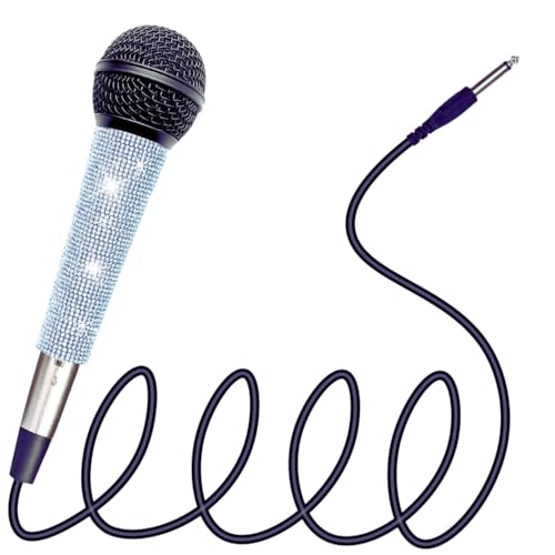 Silver Wired Dynamic Vocal Microphone and Rhinestone Cover | Dynamic Wired Mic With XLR Cable & Built-In Pop Screen, Bedazzled Crystal Cover Support Bright Live Vocals Or Karaoke
