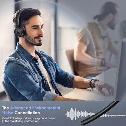 Mopchnic Bluetooth Headset with Microphone, Wireless Office Headset, ENC Noise Cancelling, USB Dongle, Charging Base, One-Tap Mute, 50H Talk Time for Zoom Teams, Call Center, Online Class