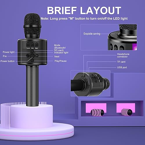 BONAOK Karaoke Microphone for Kids & Adults - Bluetooth Microphones Singing Mic with Disco Lights, Echo Effect, Built-in Speaker Portable Karaoke Player for Party Travel Gifts Q78(Black) - color: Black