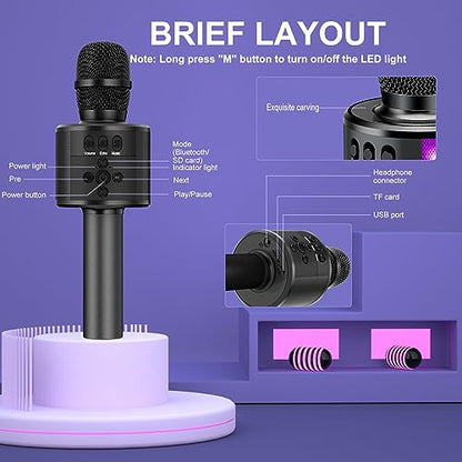 BONAOK Karaoke Microphone for Kids & Adults - Bluetooth Microphones Singing Mic with Disco Lights, Echo Effect, Built-in Speaker Portable Karaoke Player for Party Travel Gifts Q78(Black) - color: Black